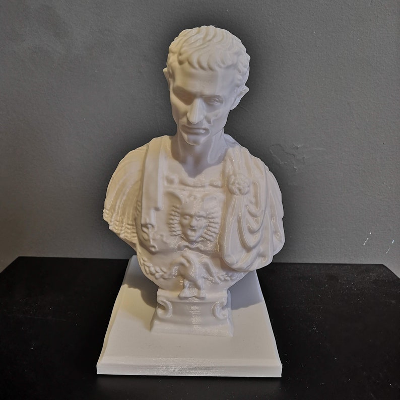 May include: A white bust of a man with short hair, a stern expression, and classical attire. The bust is mounted on a rectangular base. The man's chest features a detailed relief of a face and other decorative elements.