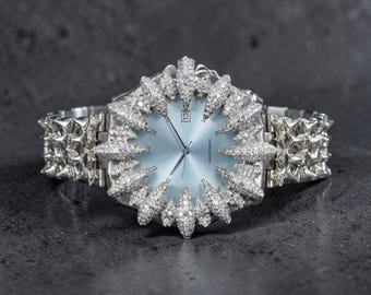 Iced Gothic Watch Stainless Steel – Cubic Zirconia Claw Design, Luxury Y2K Punk Wristwatch, Silver & Ice Dial, Unisex Statement Jewelry