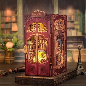 DIY Book Nook Kit - Library of Wisdom, Miniature House with LED Light, Book Shelf Insert, 3D Puzzle, Scenery Diorama, Bookshelf Model