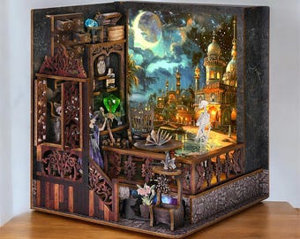 Kit de rincón de lectura DIY Exploración Mágica con marco de fotos luminoso – Inserto de estantería premium, rompecabezas de madera 3D Diorama de fantasía con luz LED