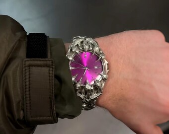 Handmade Gothic Quartz Watch Stainless Steel – Purple Dial Cyberpunk Claw Wristwatch Y2K Underground Statement Jewelry