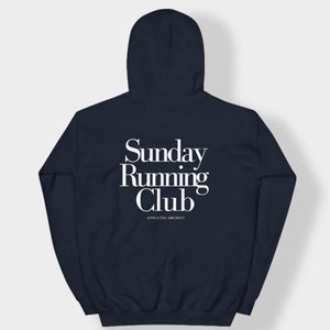 Vintage Inspired Navy Cotton Hoodie | Sunday Running Club Print for Sporty Elegance