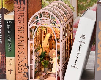 DIY Book Nook Kit Mini Greenhouse with Light – Premium Bookshelf Insert, 3D Wooden Puzzle Diorama, Miniature Flower House Decor Gift