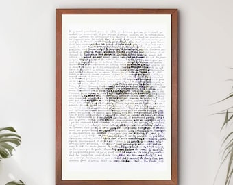Albert Camus, Porträt des französischen Philosophen, Essayisten, Journalisten und Romanautors, mit einem Auszug aus seinem Werk Die Pest