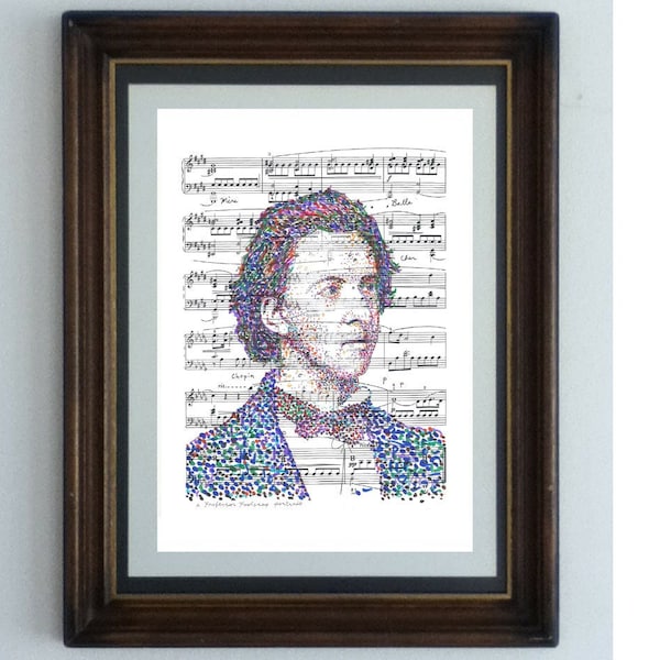 Frédéric Chopin, great Polish composer of piano music, preludes, nocturnes, studies, sonatas, waltz, etc. portrait in score