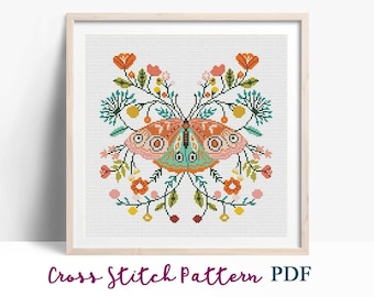 Cross stitch pattern, Butterfly, Flowers, Folk, nature cross stitch,Scandi Embroidery.Modern counted cross stitch chart.Instant download PDF