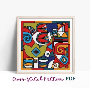 Patrón de punto de cruz. Pájaro folklórico abstracto. Gráfico de punto de cruz moderno. Bordado de naturaleza. Punto en cruz con cojín. Descarga instantánea en PDF.