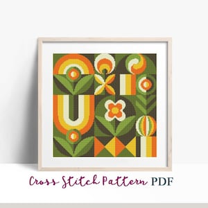 Abstract Geometric Flowers Cross Stitch Pattern, Modern x-stitch Pattern, Cross Stitch Chart, Nature Ornament Pattern, Instant Download PDF