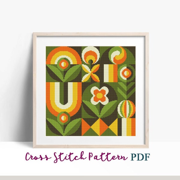 Abstract Geometric Flowers Cross Stitch Pattern, Modern x-stitch Pattern, Cross Stitch Chart, Nature Ornament Pattern, Instant Download PDF