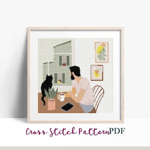 Gato con hombre mirando por la ventana. Patrón de punto de cruz, punto x moderno, gráfico de punto de cruz, patrón de regalo para amantes de los gatos, descarga instantánea en PDF