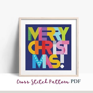 Merry Christmas Cross Stitch Pattern, Modern x-stitch Pattern, Winter Cross Stitch Chart, Geometric Text Pattern, Gift, Instant Download PDF