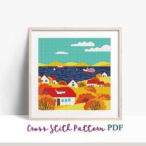 Autumn Towne Cross Stitch Pattern, Fall Season Cross Stitch Pattern, Landscape, x-stitch Pattern, Cross Stitch Chart, Instant Download PDF