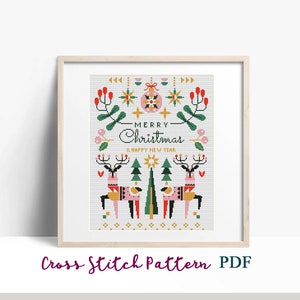 Cross Stitch Pattern Christmas, Modern x-stitch Pattern, Reindeer, Scandinavian Cross Stitch Chart, Geometric Pattern, Instant Download PDF