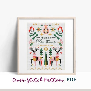 Kruissteekpatroon kerst, modern x-stitchpatroon, rendier, Scandinavische kruissteekkaart, geometrisch patroon, instant download pdf