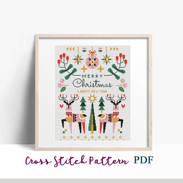 Cross Stitch Pattern Christmas, Modern x-stitch Pattern, Reindeer, Scandinavian Cross Stitch Chart, Geometric Pattern, Instant Download PDF