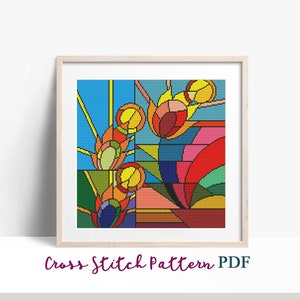 Art Deco Flowers Abstract Cross Stitch Pattern, Modern x-stitch Pattern, Cross Stitch Chart, Geometric Ornament Pattern,Instant Download PDF