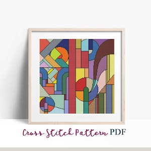 Kolorowy wzór w stylu art déco, abstrakcyjny wzór haftu krzyżykowego, nowoczesny wzór haftu krzyżykowego, schemat haftu krzyżykowego, ornament geometryczny, natychmiastowe pobranie pliku PDF
