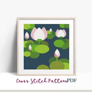 Lotusbloemen abstract kruissteekpatroon, modern x-steekpatroon, kruissteektabel, geometrisch ornamentpatroon, instant download pdf