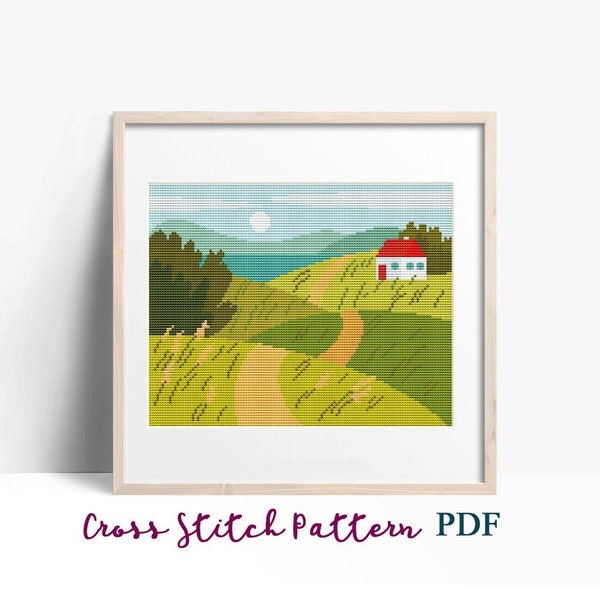 Landscape with summer fields, lake, house, Cross Stitch Pattern, Green Hills Landscape, Scenic View, x-stitch Chart, Instant Download PDF