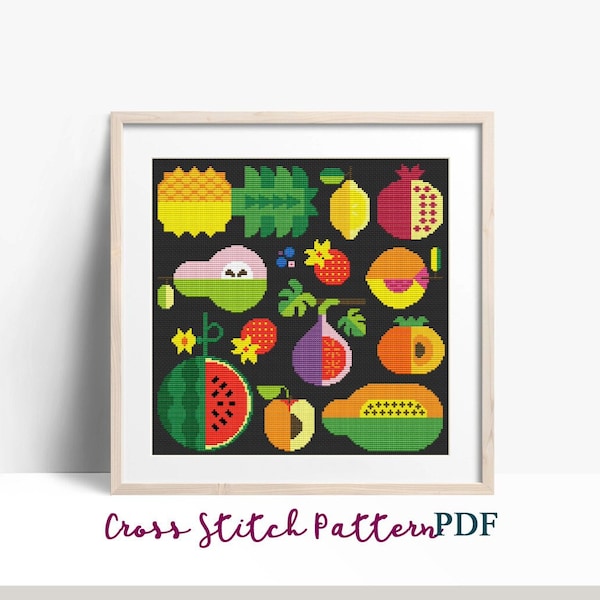Cross Stitch Pattern Abstract, Fruits, Modern x-stitch Pattern, Bauhаus Cross Stitch Chart, Geometric Ornament Pattern, Instant Download PDF