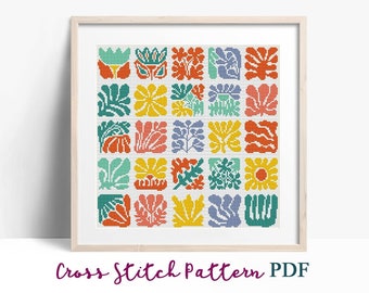 Abstract Folk Flowers Cross Stitch Pattern, Modern x-stitch Pattern, Cross Stitch Chart, Scandi Nature Ornament Pattern,Instant Download PDF
