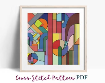 Padrão colorido Art Déco, padrão abstrato de ponto cruz, padrão moderno de ponto x, gráfico de ponto cruz, ornamento geométrico, download instantâneo em PDF