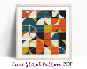 Padrão abstrato de ponto cruz, padrão moderno de ponto cruz, gráfico de ponto cruz Art Déco, padrão de ornamento geométrico Bauhaus, PDF para download instantâneo