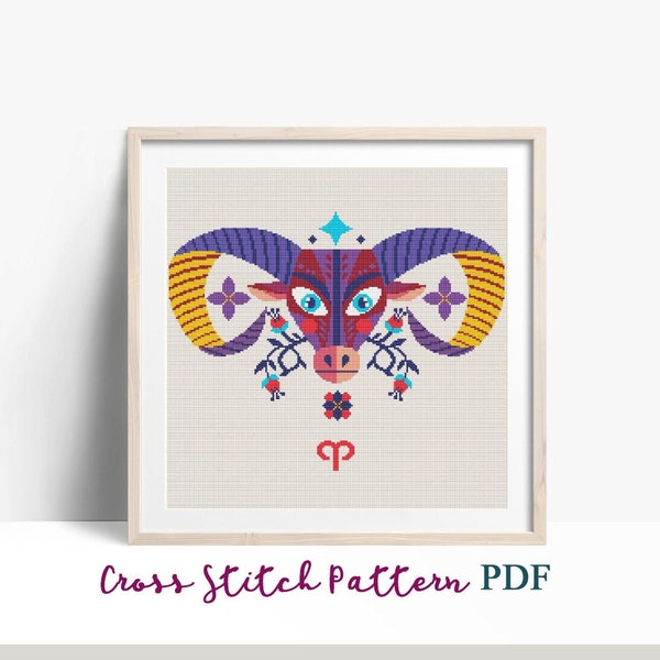 Aries. Zodiac sign. Modern Cross Stitch Pattern. Counted cross stitch chart. Horoscope embroidery.Astrology,birth sign.Instant download PDF