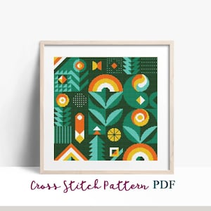 Abstract Geometric Flowers Cross Stitch Pattern, Modern x-stitch Pattern, Cross Stitch Chart, Nature Ornament Pattern, Instant Download PDF