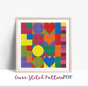 Pode incluir: Um padrão de ponto cruz com a palavra "LOVE" em um design geométrico com quadrados, círculos e corações coloridos.