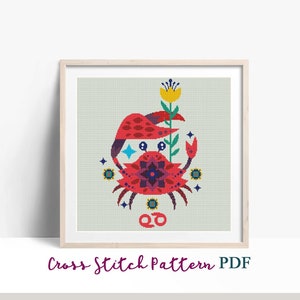 Cáncer. Signo del zodiaco. Patrón moderno de punto de cruz. Gráfico de punto de cruz contado. Bordado popular. Signo astrológico del nacimiento. Descarga instantánea en PDF.