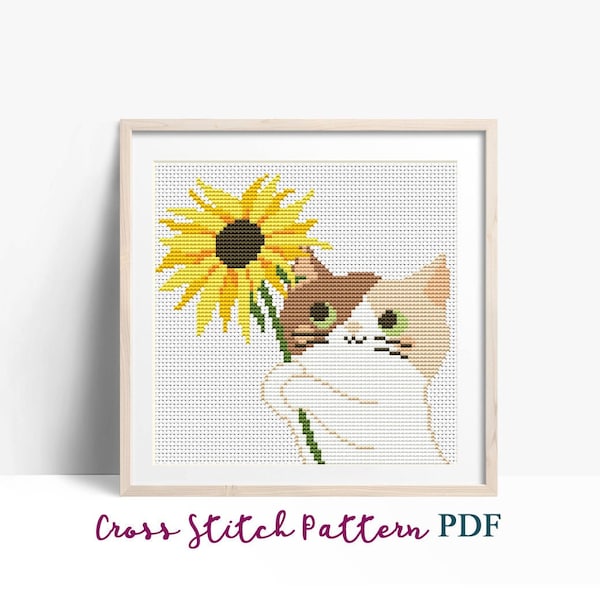 Cross Stitch Pattern, Cat with Sunflower, Modern x-stitch Pattern, Cross Stitch Chart, Cat Lover Gift Pattern, Instant Download PDF