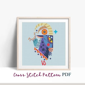 Capricórnio. Signo do zodíaco. Padrão moderno de ponto cruz. Gráfico de ponto cruz contado. Bordado popular. Signo de nascimento da astrologia. Download instantâneo de PDF