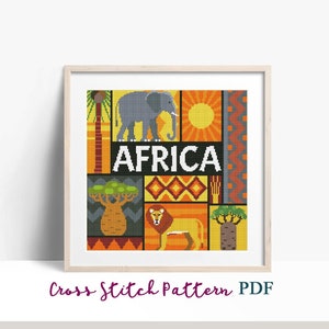 AFRICA Travel Poster Cross Stitch Pattern, Modern Sampler, Nature x-stitch Pattern, Africa Symbols, xstitch Chart, Instant Download PDF