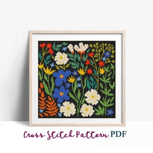 Modern kruissteekpatroon. Wilde bloemen. Getelde kruissteekkaart. Borduurwerk in de natuur. Kleine steek. Pdf-patroon direct downloaden