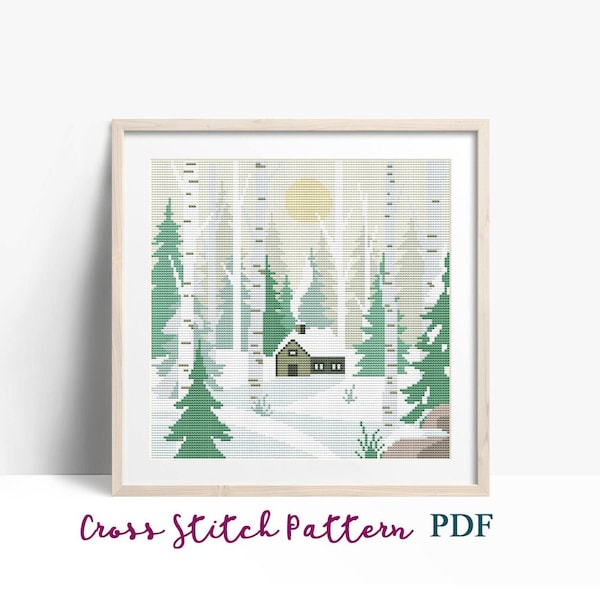 Winter Landscape Cross Stitch Pattern, Snowy Forest, Christmas House,Scenic View, x-stitch Pattern, Cross Stitch Chart, Instant Download PDF