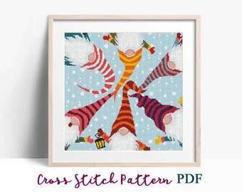 Christmas Funny Gnomes Cross Stitch Pattern, Modern x-stitch Pattern, Cross Stitch Chart,Scandinavian Christmas,Holiday Instant Download PDF