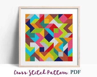 Abstract Cross Stitch Pattern, Modern x-stitch Pattern, Geometric Cross Stitch Chart, Colorful Easy Ornament Pattern, Instant Download PDF