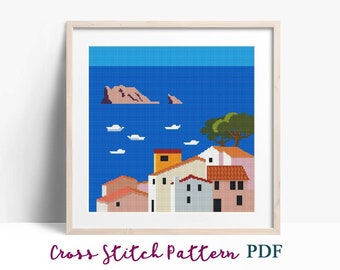 Cross Stitch Pattern, Spanish Town, Landscape, Easy Embroidery, Modern x-stitch Pattern, Nature Cross Stitch Chart, Instant Download PDF