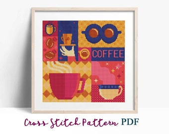 Coffee Cross Stitch Pattern, Abstract, Modern x-stitch Pattern, Pillow Cross Stitch Chart, Geometric Ornament Pattern,Instant Download PDF