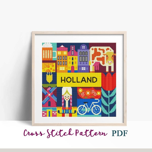 HOLLAND Travel Poster Cross Stitch Pattern, Modern Sampler, Nature x-stitch Pattern, Netherlands Symbols, xstitch chart,Instant Download PDF