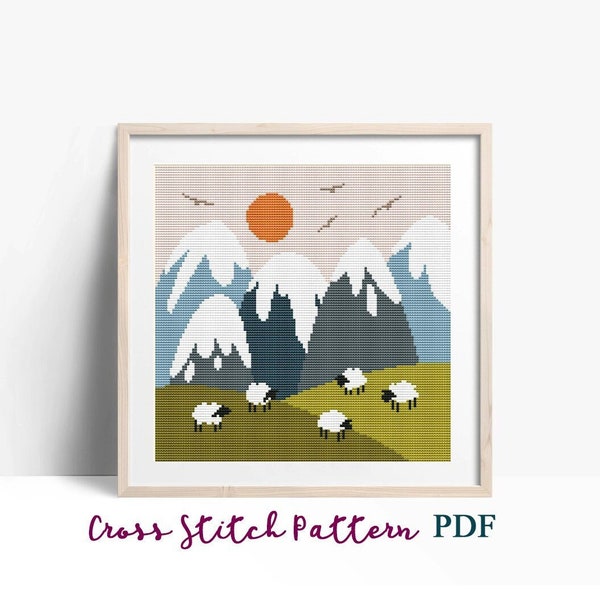 Landscape with snowy mountains and sheep, Cross Stitch Pattern, Green Hills Landscape, Scenic View, x-stitch Chart, Instant Download PDF