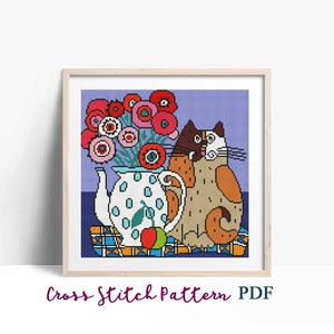 May include: Cross stitch pattern featuring a colorful cat sitting next to a teapot filled with red, pink, and white flowers. The background is a light purple.