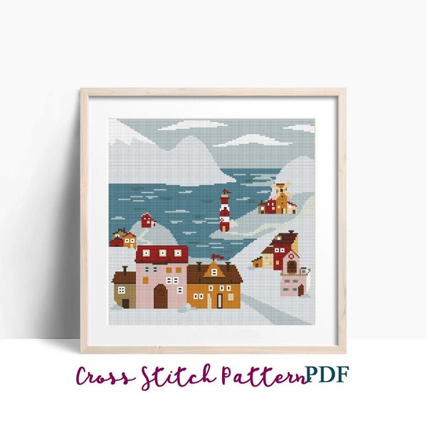 Scandinavian Winter Landscape Cross Stitch Pattern, Seaside Landscape, Scenic View, x-stitch, Cross Stitch Chart, Instant Download PDF