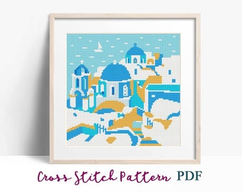 Santorini Cross Stitch Pattern, Greece Mediterranean Landscape Embroidery, Instant Download, Digital File, DMC Colors, No AI Embroidery