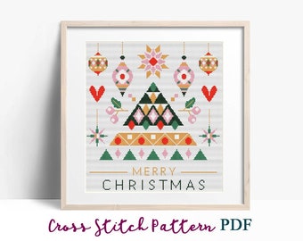 Merry Christmas Cross Stitch Pattern, Modern x-stitch Pattern, Scandinavian Cross Stitch Chart, Easy Geometric Pattern,Instant Download PDF