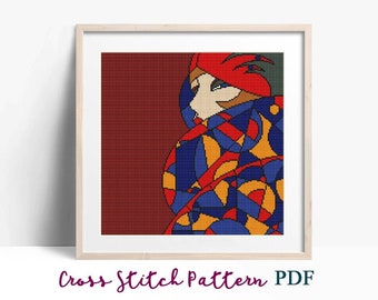 Art Deco Fashion Woman Abstract Cross Stitch Pattern, Modern x-stitch Pattern, Cross Stitch Chart, Colored Pattern, Instant Download PDF