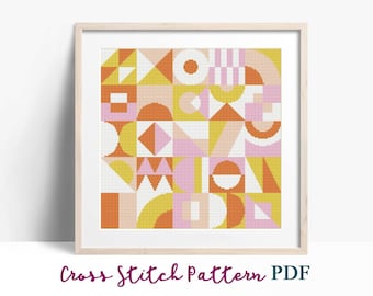 Padrão de ponto cruz com design abstrato de meados do século, padrão moderno de ponto x, gráfico de ponto cruz, padrão de ornamento da natureza, download instantâneo de PDF