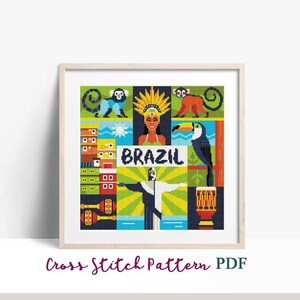 Pattern Iconic Brazil Brazil Travel Poster Cross Stitch Pattern, Modern Sampler, Beginner X ...