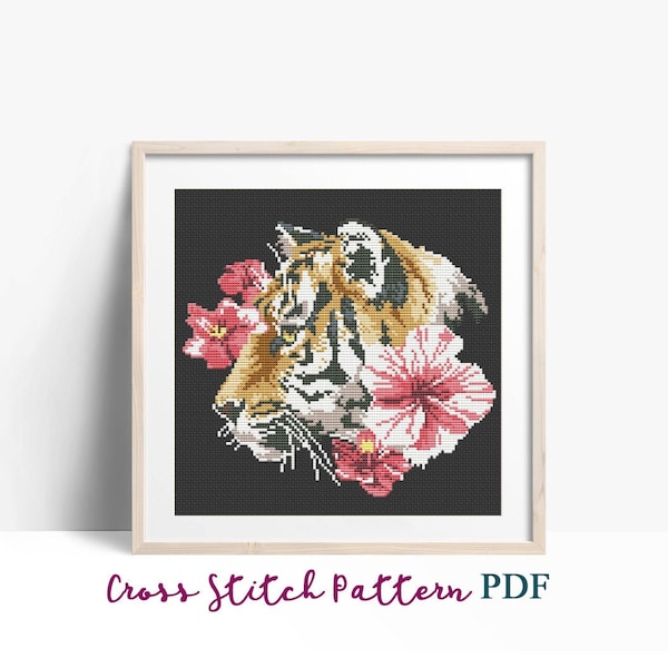 Cross Stitch Pattern New Year Tiger PDF, Flowers, Chinese Tiger Counted Cross Stitch, Holiday decor, cross stitch chart,Instant download PDF